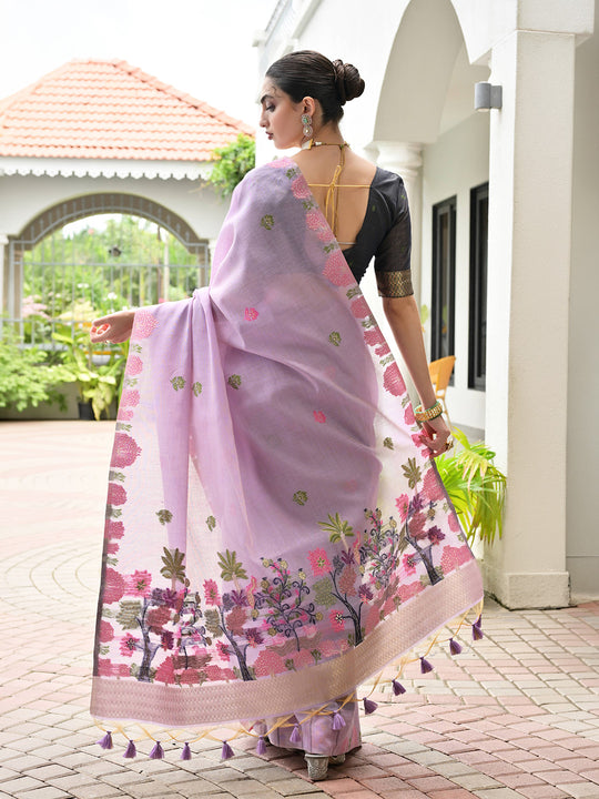 Lavendor Muga Cotton Saree With Blouse Piece