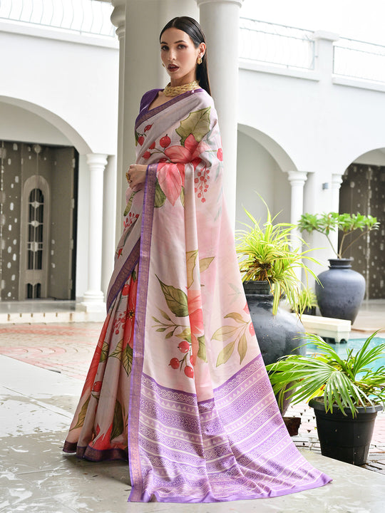 Lavender Satin Silk Saree With Blouse Piece