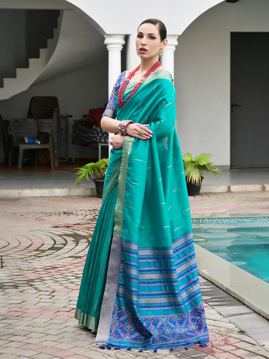 Rama Raw Silk Patola Saree With Blouse Piece