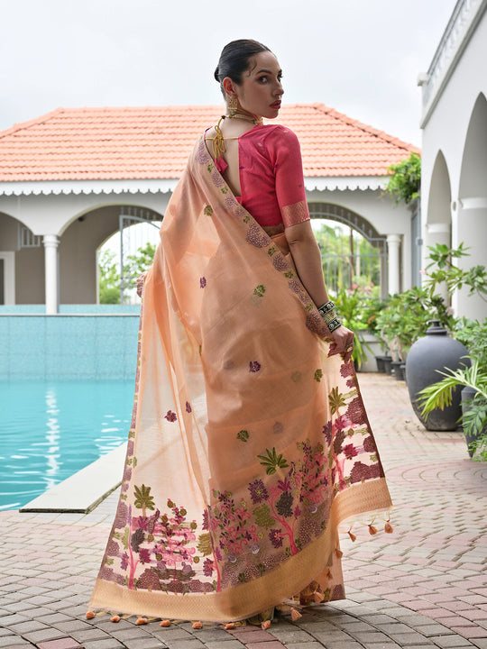 Peach Muga Cotton Saree With Blouse Piece