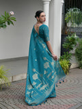 Firozi Linen Silk Saree With Blouse Piece
