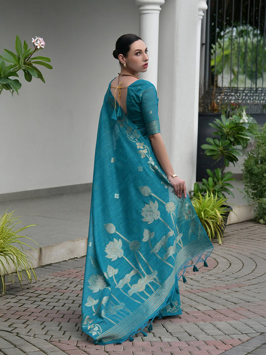 Firozi Linen Silk Saree With Blouse Piece
