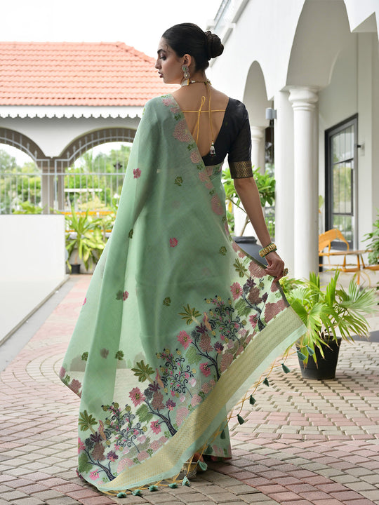 Sea-Green Muga Cotton Saree With Blouse Piece