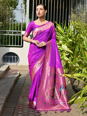 Purple Paithani Silk Saree With Blouse Piece