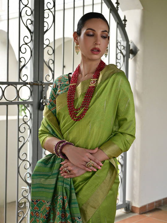 Mahendi Raw Silk Patola Saree With Blouse Piece