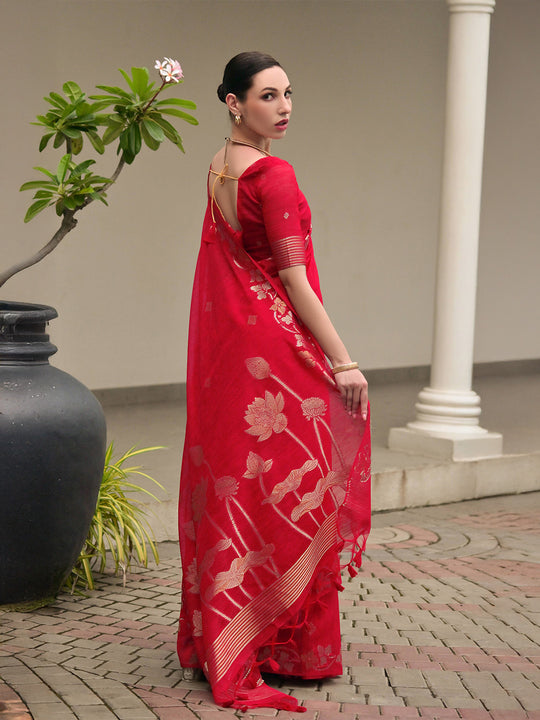 Red Linen Silk Saree With Blouse Piece