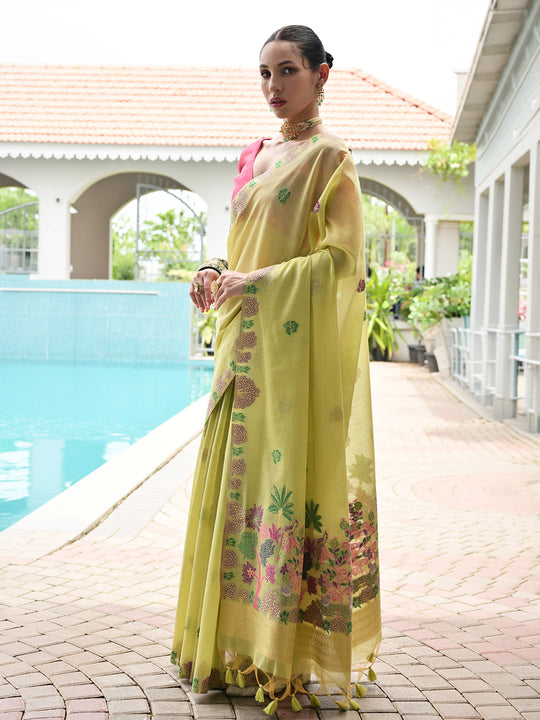 Pista Muga Cotton Saree With Blouse Piece