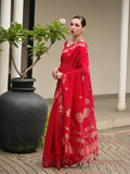 Red Linen Silk Saree With Blouse Piece