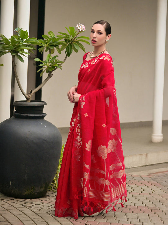 Red Linen Silk Saree With Blouse Piece