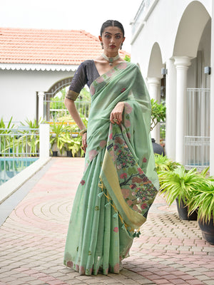 Sea-Green Muga Cotton Saree With Blouse Piece