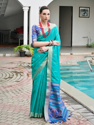 Rama Raw Silk Patola Saree With Blouse Piece