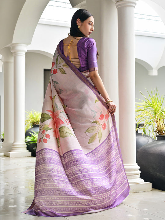 Lavender Satin Silk Saree With Blouse Piece