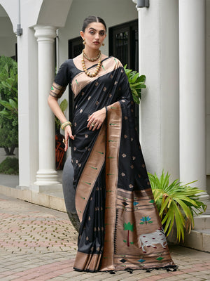 Black Paithani Silk Saree With Blouse Piece