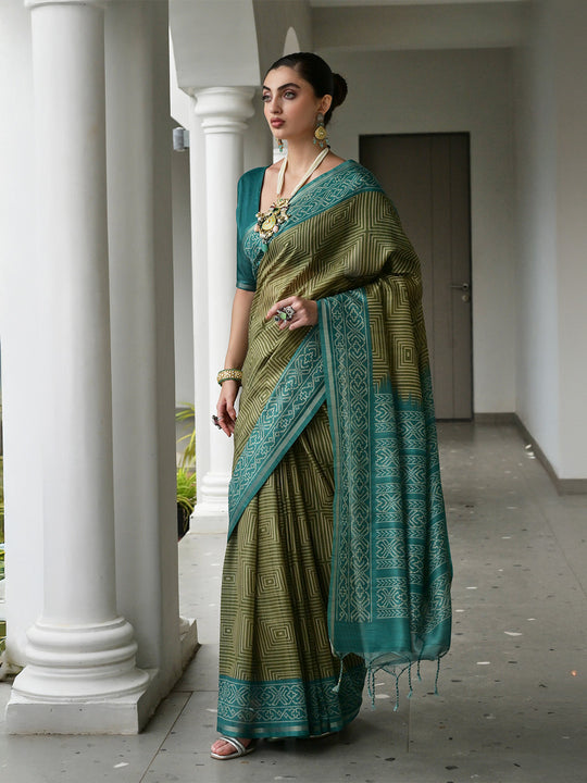 Rama Soft Tussar Silk Saree With Blouse Piece