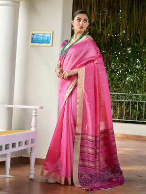 Pink Raw Silk Patola Saree With Blouse Piece