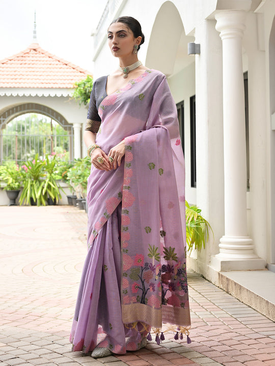 Lavendor Muga Cotton Saree With Blouse Piece