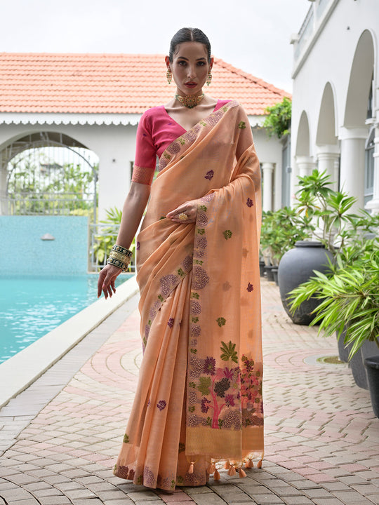 Peach Muga Cotton Saree With Blouse Piece