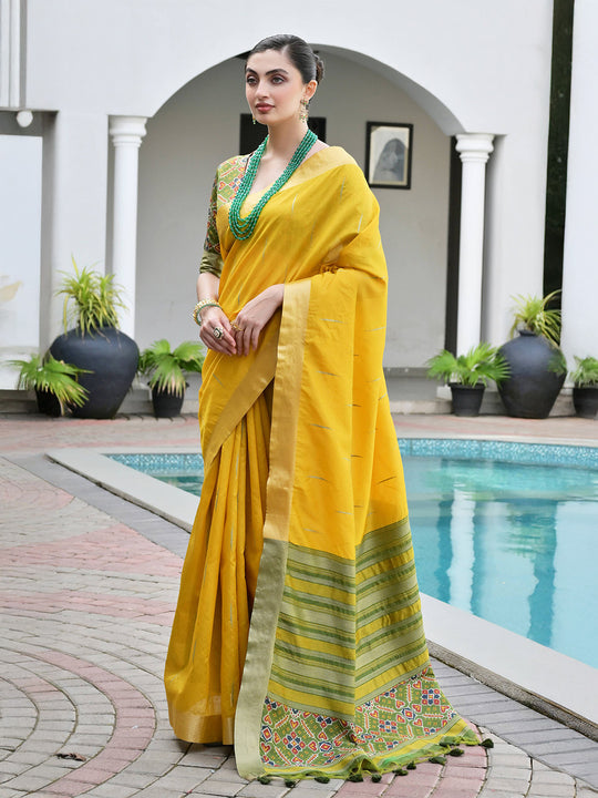Yellow Raw Silk Patola Saree With Blouse Piece