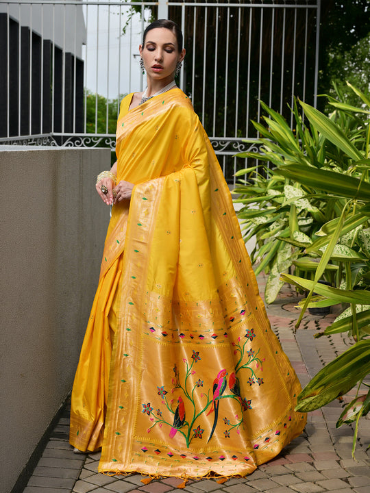 Yellow Paithani Silk Saree With Blouse Piece