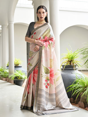 Grey Satin Silk Saree With Blouse Piece