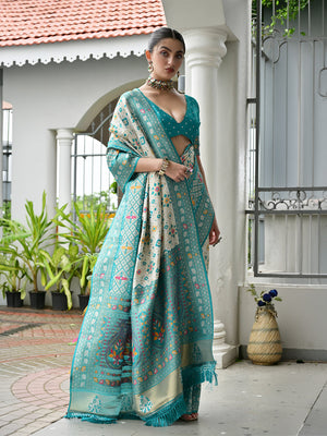 Sea-Green Banarasi Silk Patola Saree With Blouse Piece