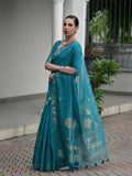 Firozi Linen Silk Saree With Blouse Piece