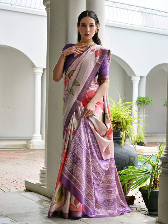 Lavender Satin Silk Saree With Blouse Piece