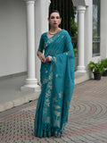 Firozi Linen Silk Saree With Blouse Piece