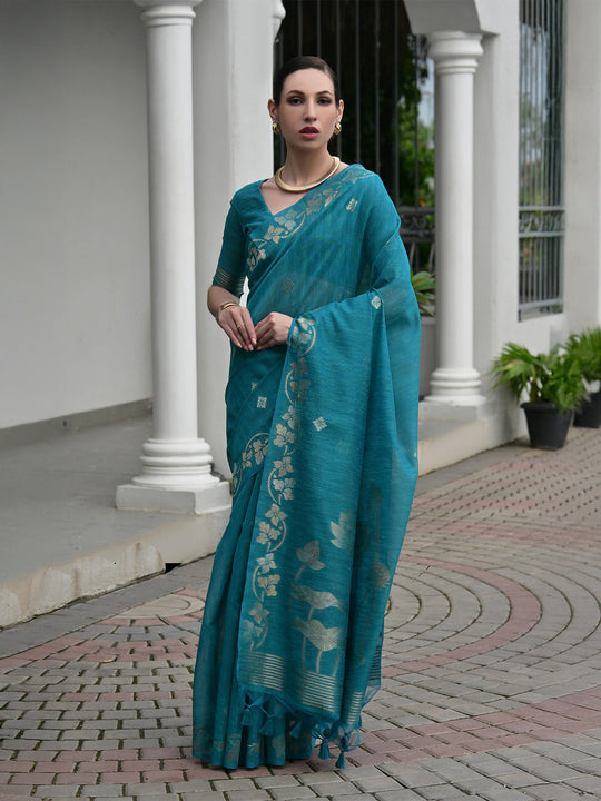 Firozi Linen Silk Saree With Blouse Piece