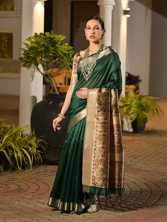 Green Soft Tussar Silk Saree With Blouse Piece
