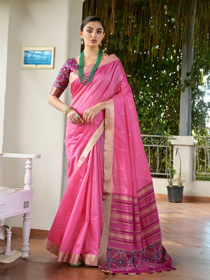 Pink Raw Silk Patola Saree With Blouse Piece