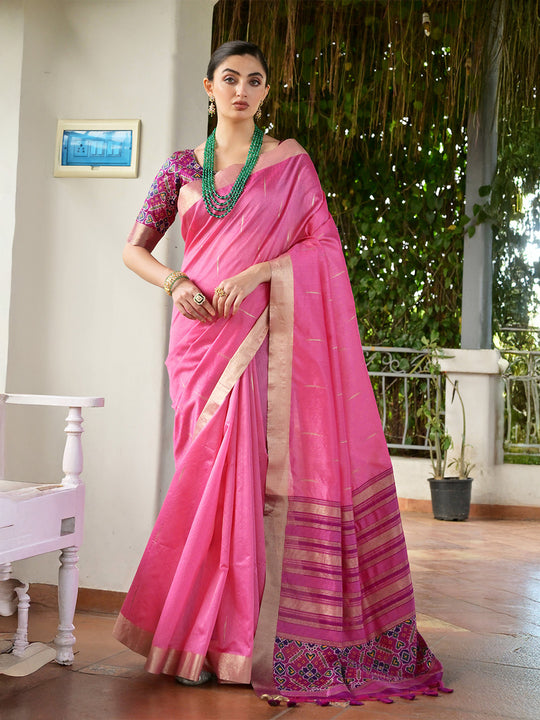 Pink Raw Silk Patola Saree With Blouse Piece