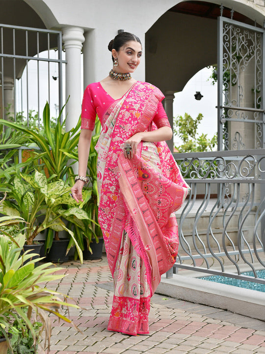 Pink Banarasi Silk Patola Saree With Blouse Piece