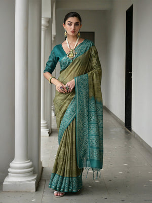 Rama Soft Tussar Silk Saree With Blouse Piece