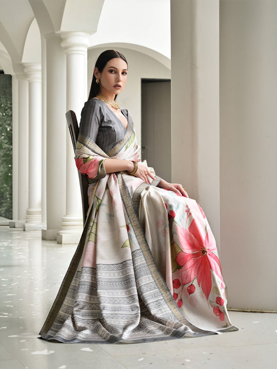 Grey Satin Silk Saree With Blouse Piece
