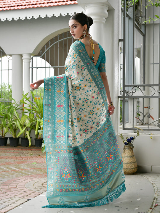 Sea-Green Banarasi Silk Patola Saree With Blouse Piece