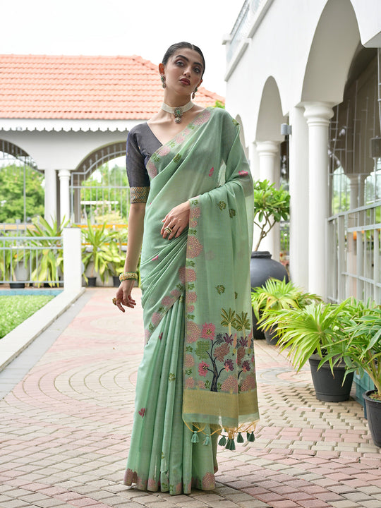 Sea-Green Muga Cotton Saree With Blouse Piece