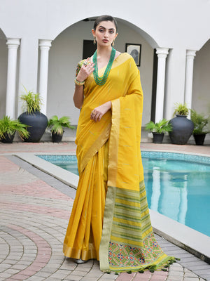 Yellow Raw Silk Patola Saree With Blouse Piece