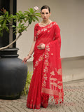 Red Linen Silk Saree With Blouse Piece