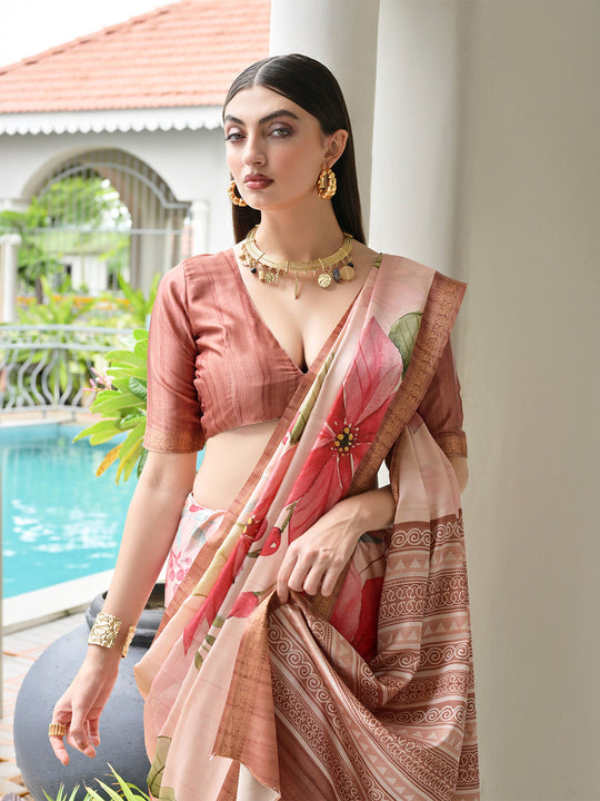 Coffee Satin Silk Saree With Blouse Piece