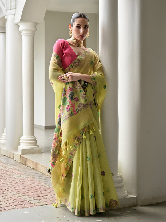 Pista Muga Cotton Saree With Blouse Piece
