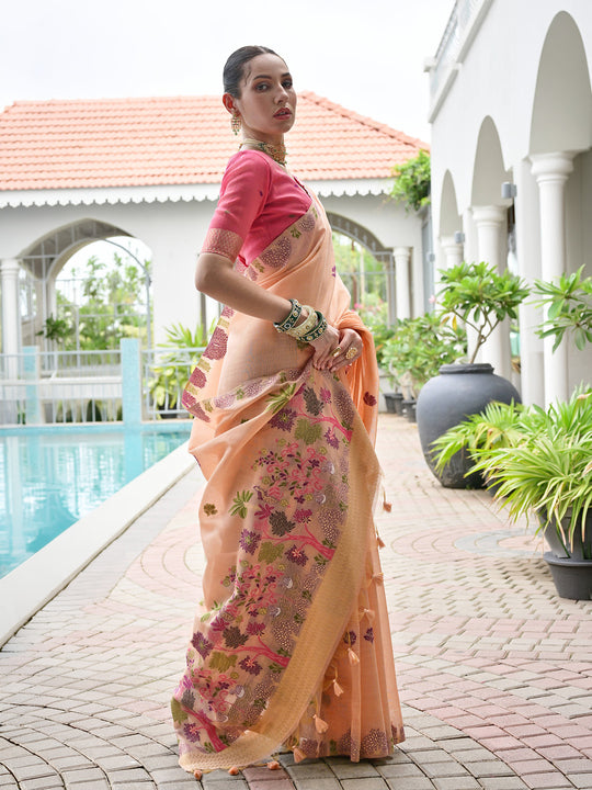 Peach Muga Cotton Saree With Blouse Piece