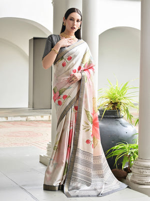 Grey Satin Silk Saree With Blouse Piece