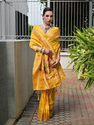 Yellow Paithani Silk Saree With Blouse Piece