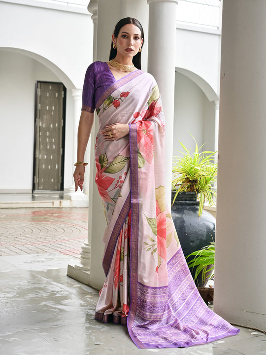 Lavender Satin Silk Saree With Blouse Piece