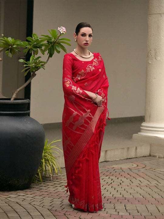 Red Linen Silk Saree With Blouse Piece