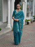 Firozi Linen Silk Saree With Blouse Piece