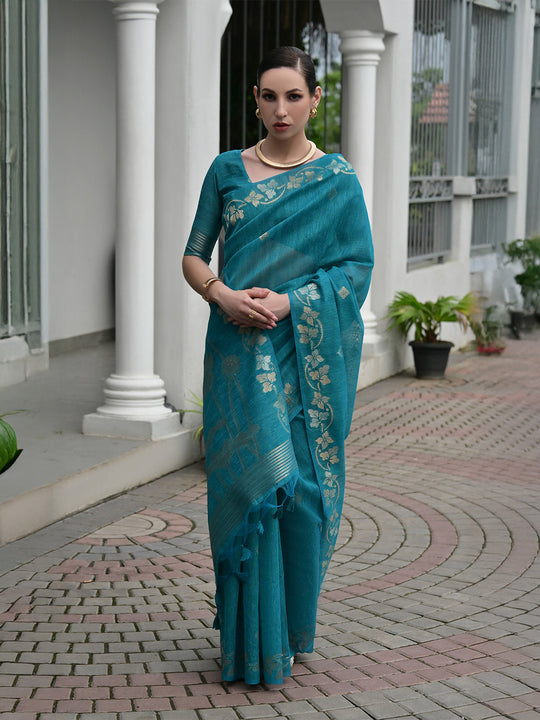 Firozi Linen Silk Saree With Blouse Piece