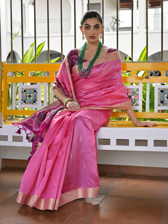 Pink Raw Silk Patola Saree With Blouse Piece