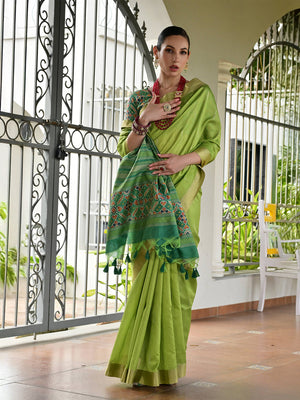 Mahendi Raw Silk Patola Saree With Blouse Piece
